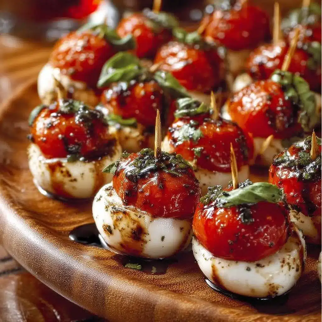 A platter of mini Caprese bites with fresh basil, mozzarella, and tomatoes.