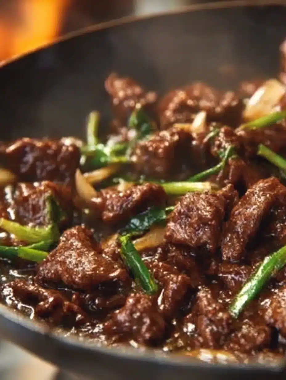 A plate of Mongolian Beef with tender meat and rich sauce
