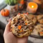 Delicious Halloween Oreo cookies with chocolate chips on a spooky backdrop