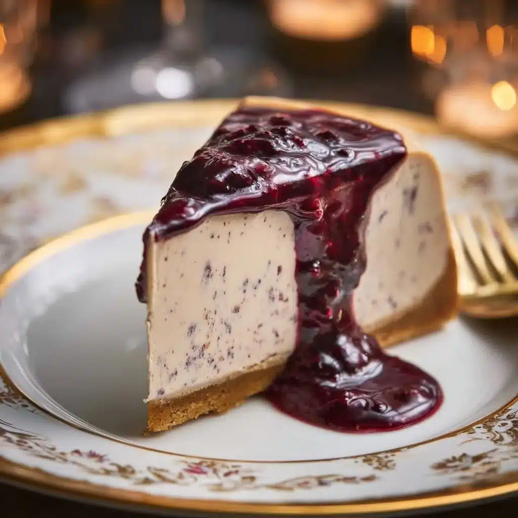 Delicious Mulberry and Earl Grey Cheesecake slice on a plate with berries