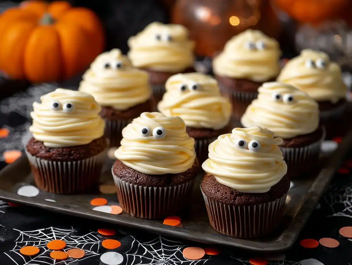 Delicious Halloween Mummy Cupcakes decorated with white frosting and candy eyes