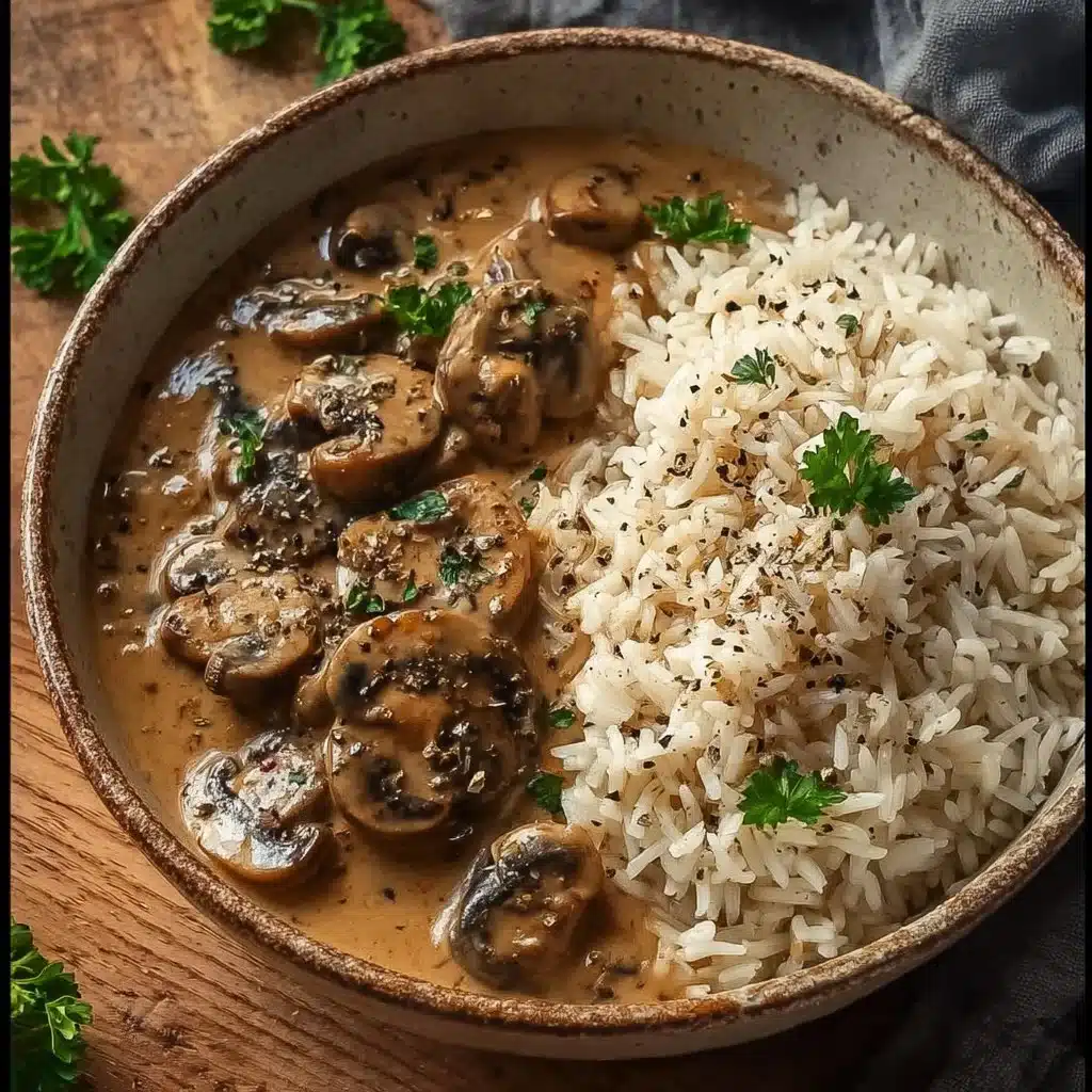 Creamy Mushroom Stroganoff served with brown rice on a plate