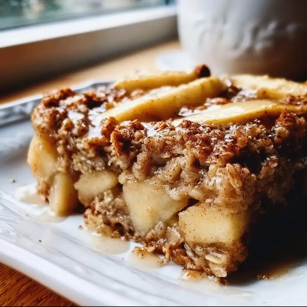 A delicious oatmeal apple breakfast bake topped with cinnamon and apples.