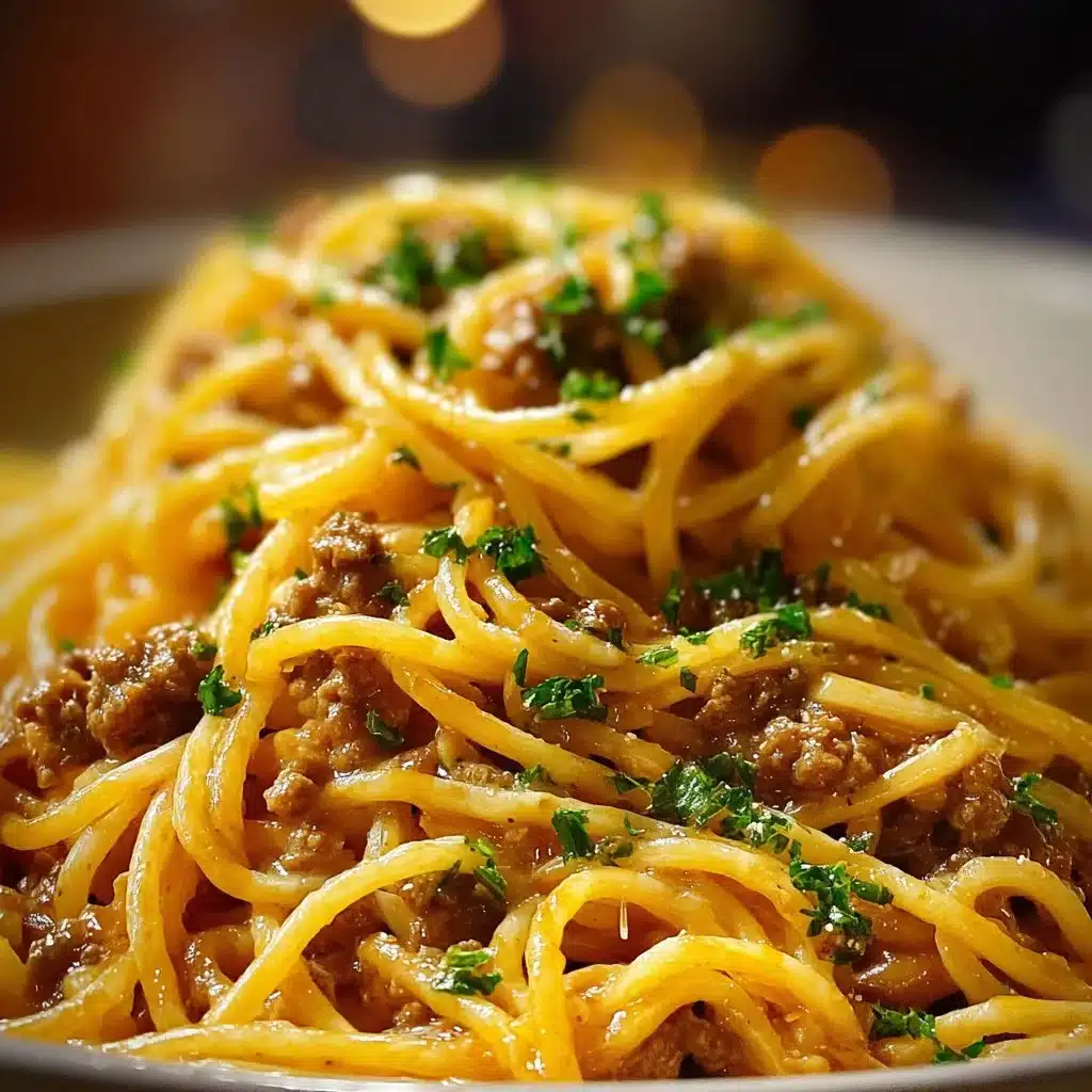 One-pot creamy beef and garlic butter pasta dish served in a bowl.