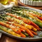 Oven-roasted asparagus and carrot medley on a serving platter