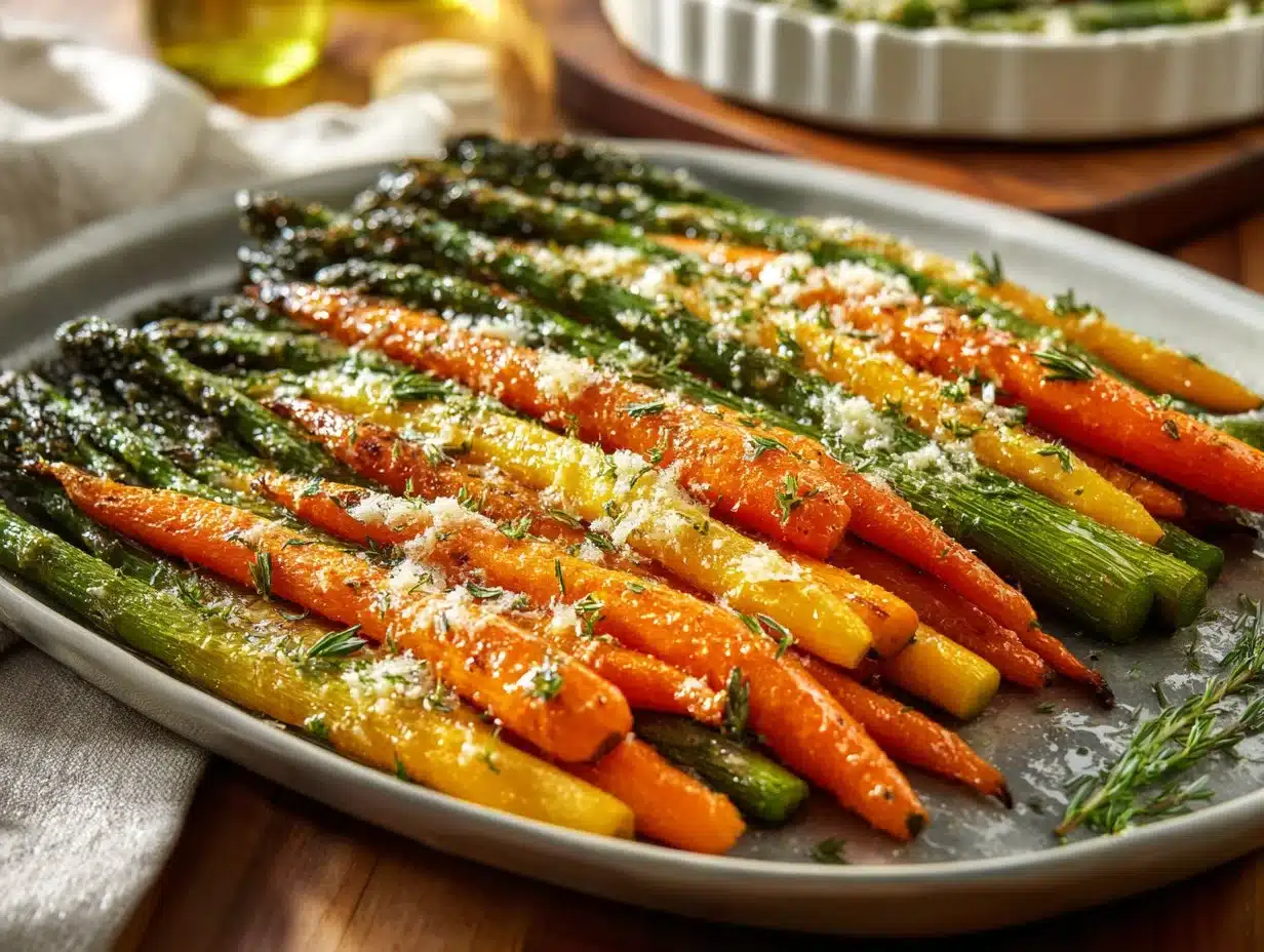 Oven-roasted asparagus and carrot medley on a serving platter