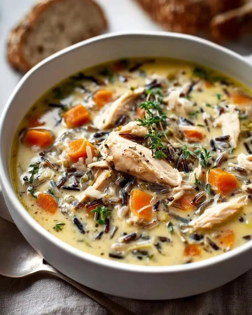 Delicious Panera-inspired Chicken and Wild Rice Soup bowl with fresh ingredients