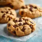 Homemade peanut butter chocolate chip cookies on a baking sheet.