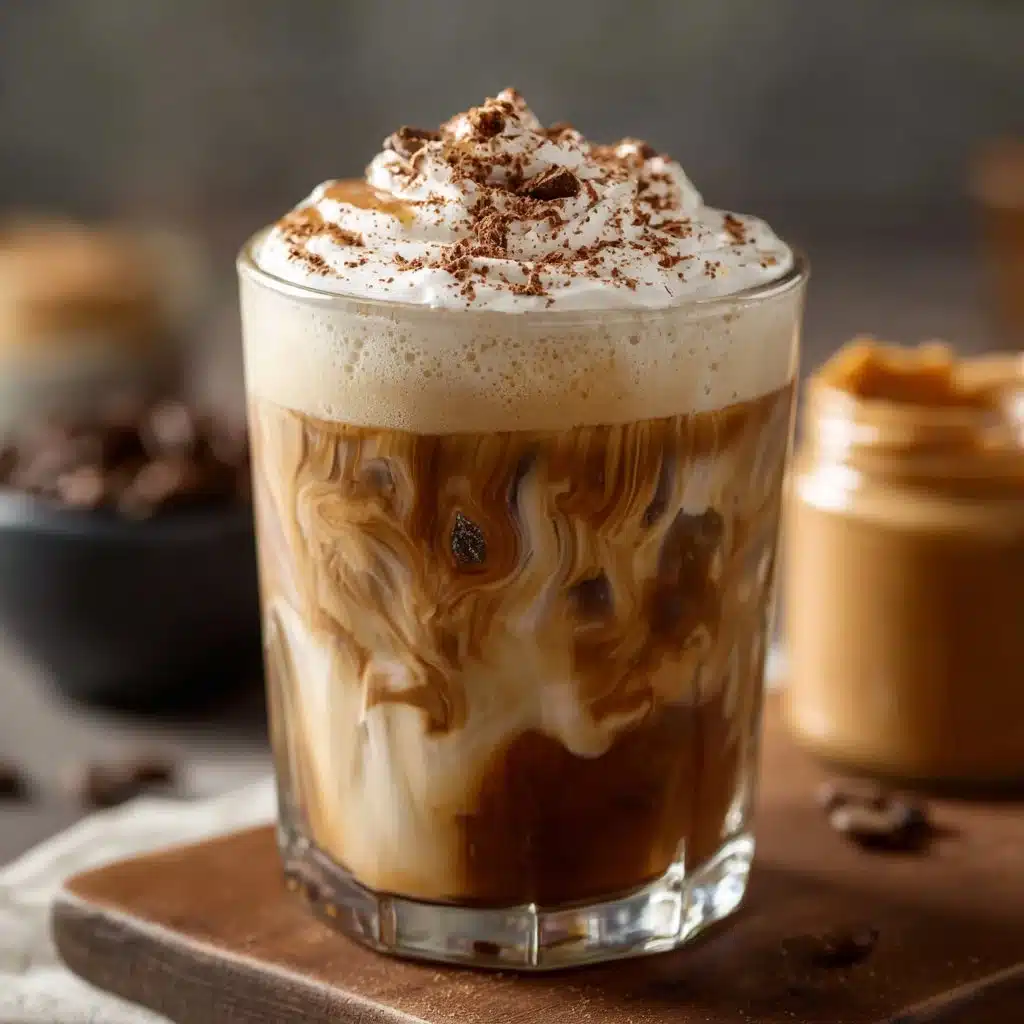 Delicious peanut butter iced coffee in a glass with ice and whipped cream.