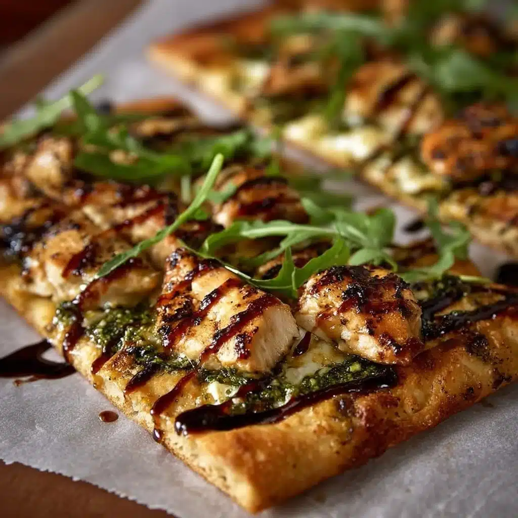 Pesto Chicken Flatbread with fresh basil and grilled chicken slices