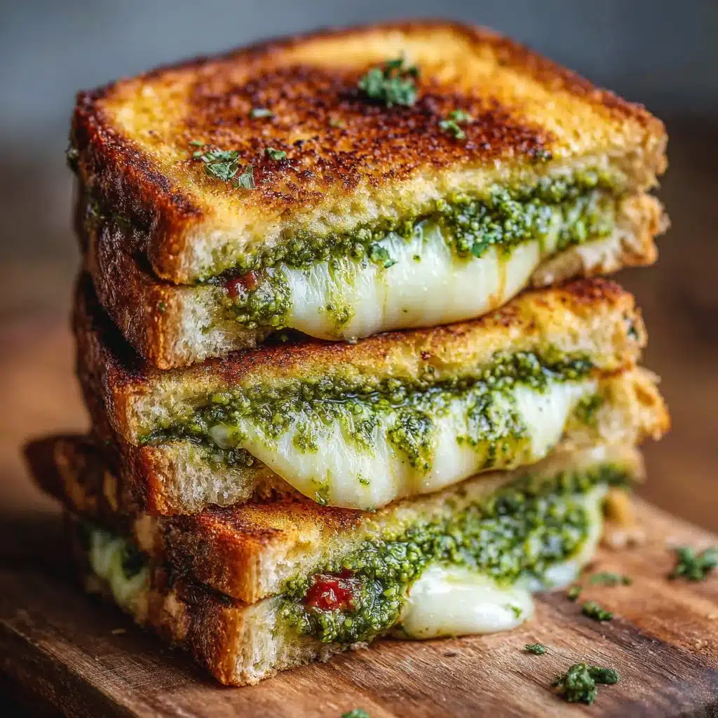 Delicious pesto grilled cheese sandwich with melted cheese and fresh basil