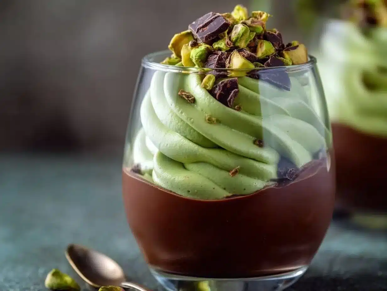 Delicious Pistachio Mousse dessert with Chocolate Ganache topping
