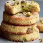 Plate of homemade pistachio shortbread cookies with a nutty garnish
