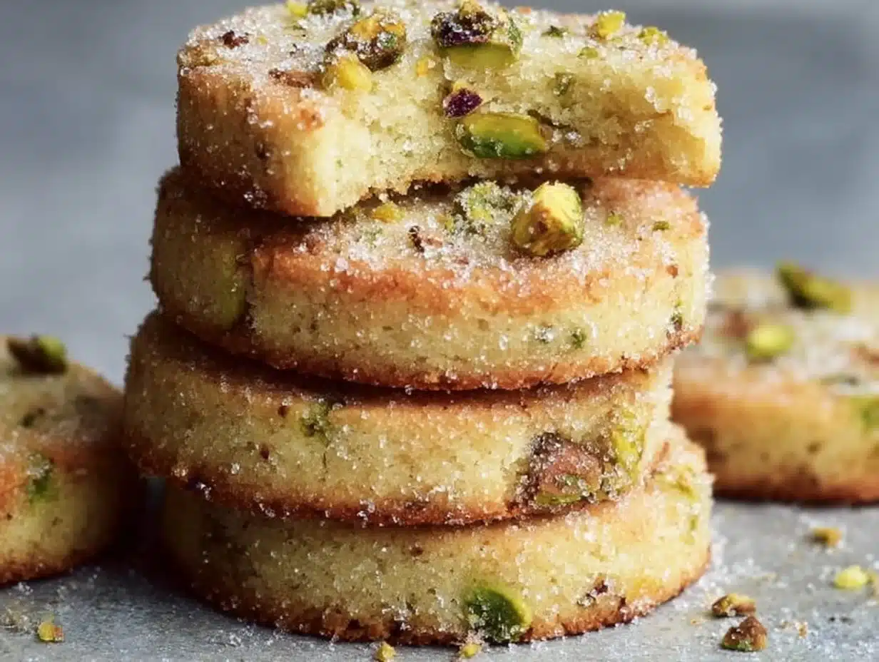 Plate of homemade pistachio shortbread cookies with a nutty garnish