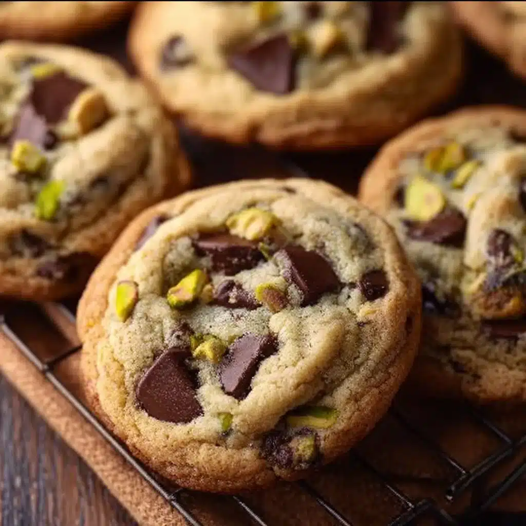 Pistachio shortbread cookies stacked on a plate, garnished with crushed pistachios