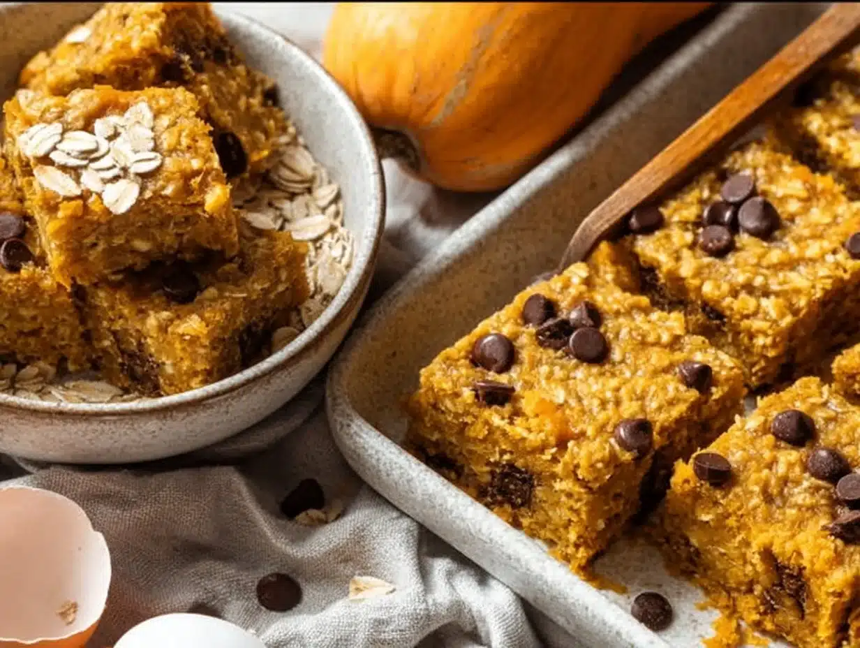 Bowl of pumpkin baked oatmeal topped with nuts and spices