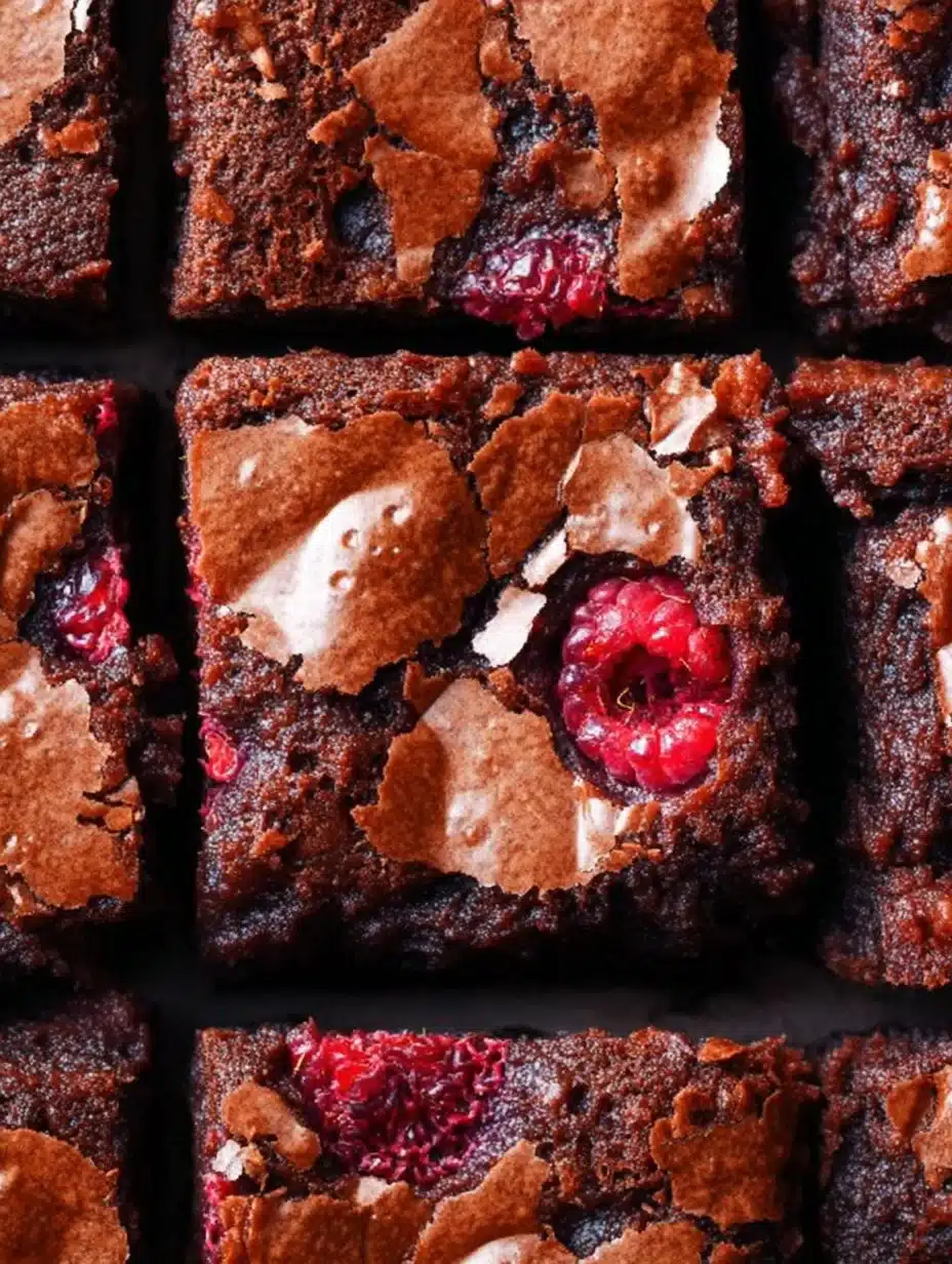 Decadent raspberry brownies topped with fresh raspberries and chocolate drizzle.