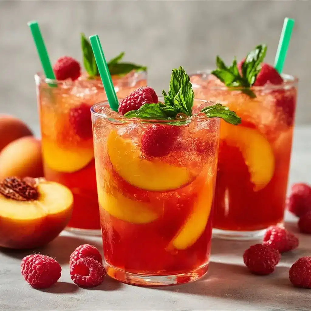 A refreshing glass of Raspberry Peach Lemonade with fresh fruit garnishes.