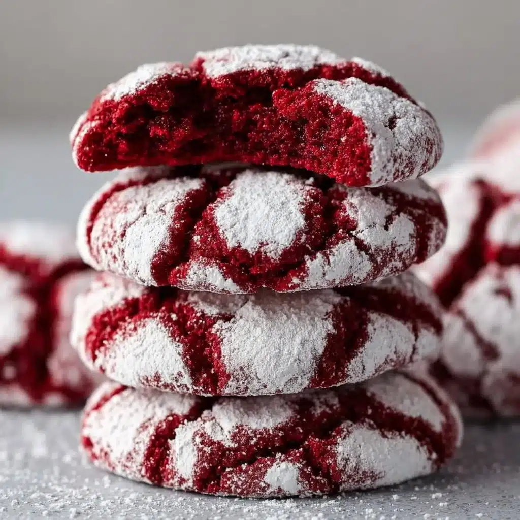 Freshly baked red velvet crinkle cookies with powdered sugar topping