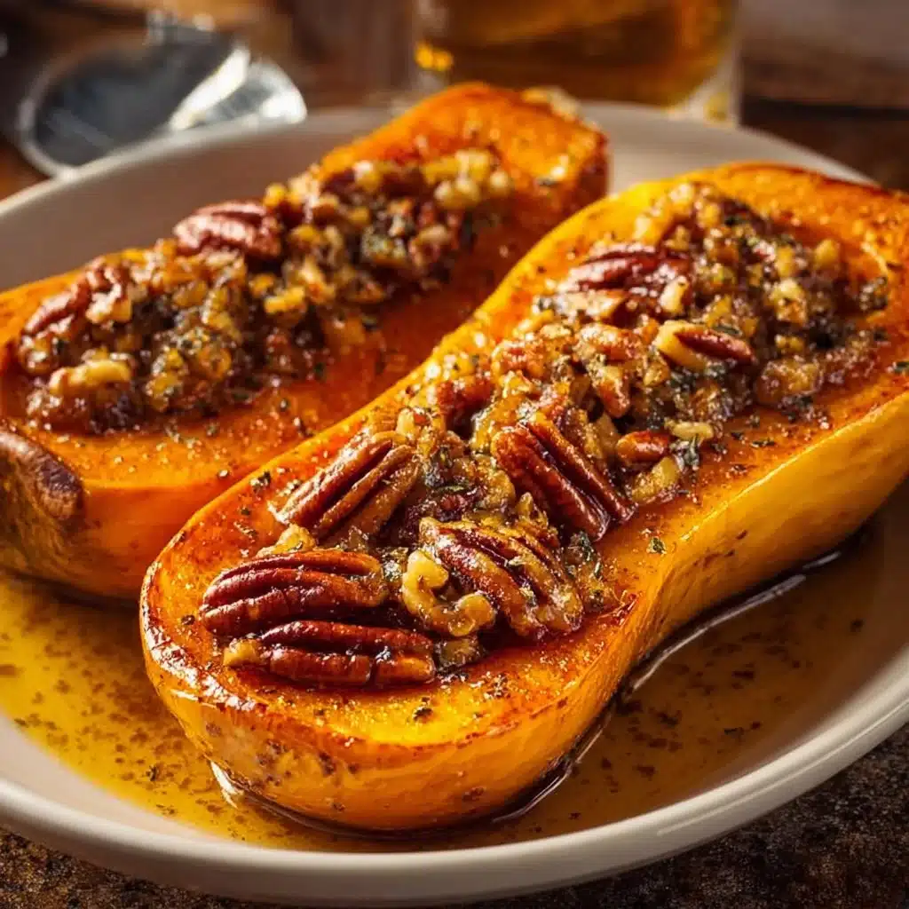 Roasted butternut squash with maple syrup and pecans on a serving plate.