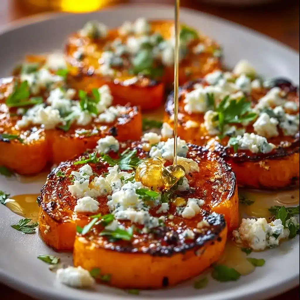 Roasted sweet potato rounds topped with honey and feta cheese on a plate.