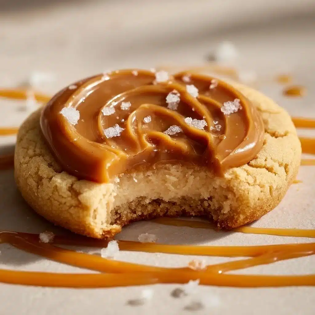Plate of salted caramel cheesecake cookies drizzled with caramel sauce