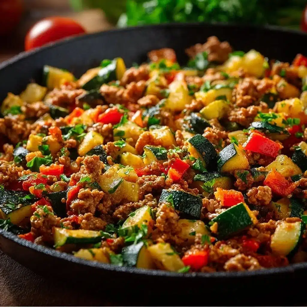 Savory ground turkey and zucchini skillet in a cast iron pan