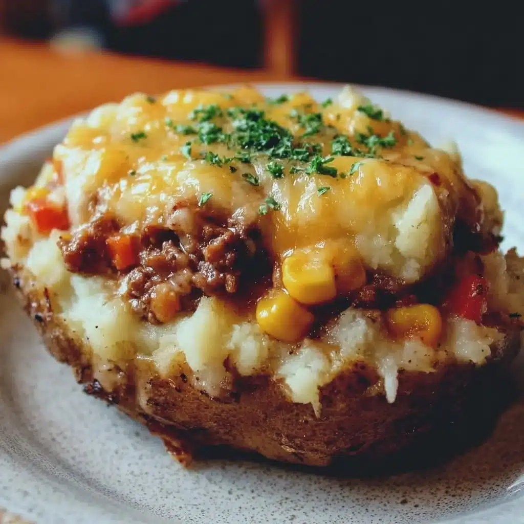 Delicious Shepherd's Pie Baked Potato topped with fluffy mashed potatoes