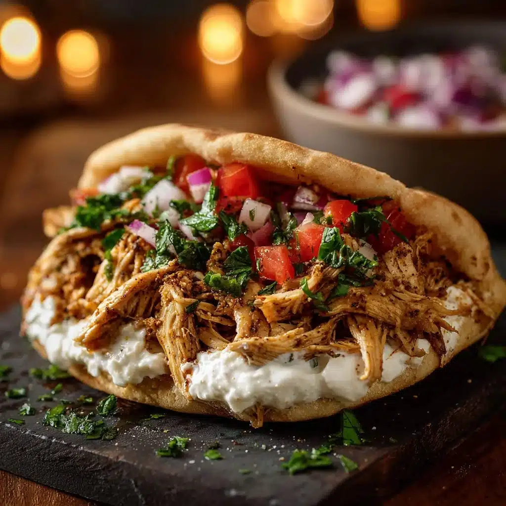 Delicious slow cooker chicken shawarma served with pita and fresh toppings