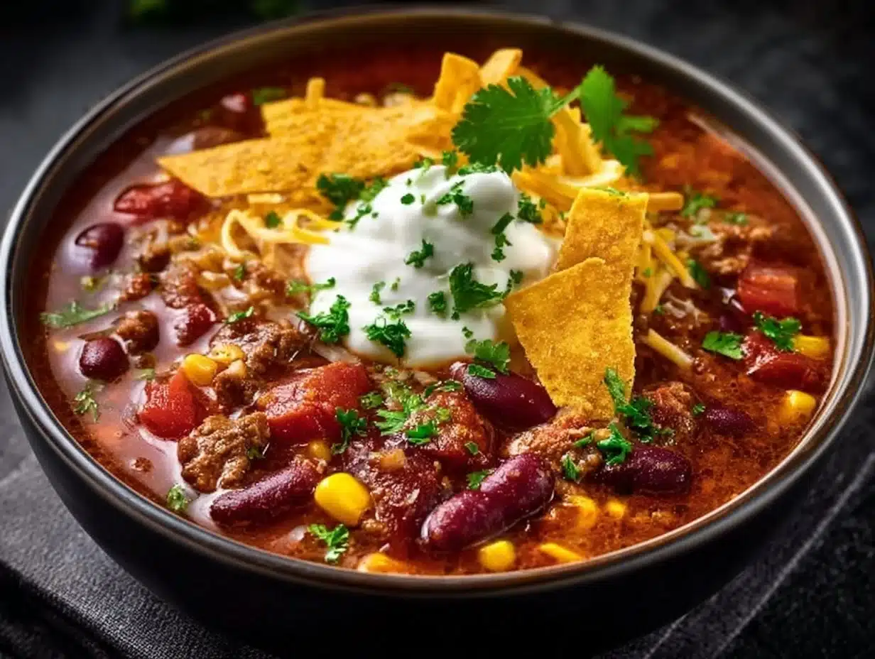 Slow Cooker Cowboy Soup filled with beans, corn, and vegetables in a bowl