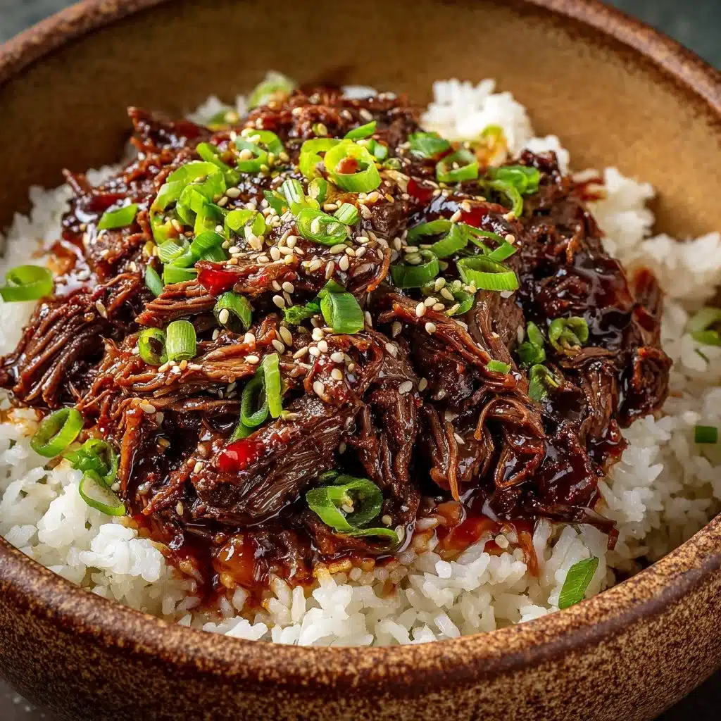 Delicious slow cooker Korean beef served with rice and vegetables