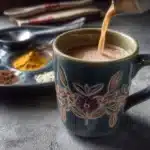 A steaming cup of spiced hot cocoa topped with whipped cream and cinnamon.