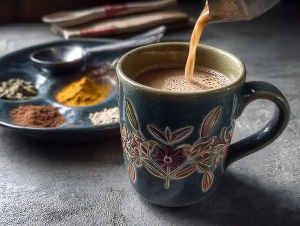 A steaming cup of spiced hot cocoa topped with whipped cream and cinnamon.