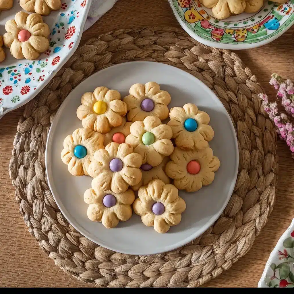 Colorful spring flower shortbread cookies on a festive plate.