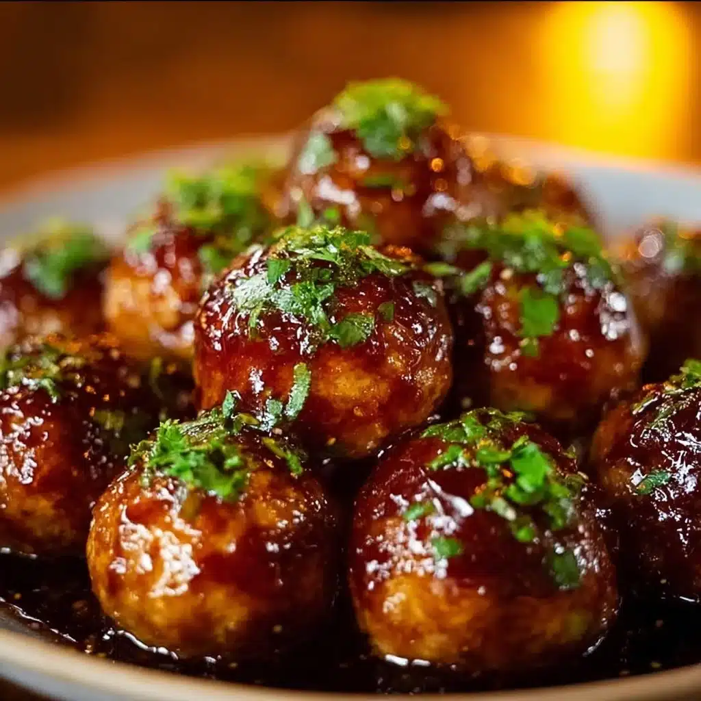 Sticky honey garlic chicken meatballs served on a plate garnished with green onions.