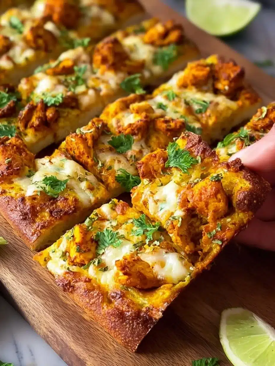 Delicious Tandoori chicken garlic bread topped with herbs and spices