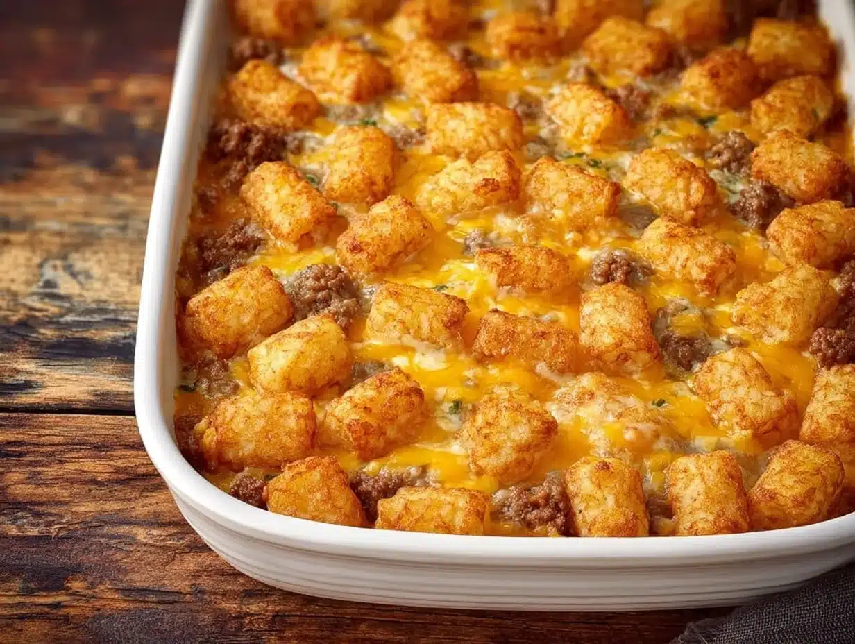 Tater Tot Sausage Breakfast Casserole with melted cheese and sausage.