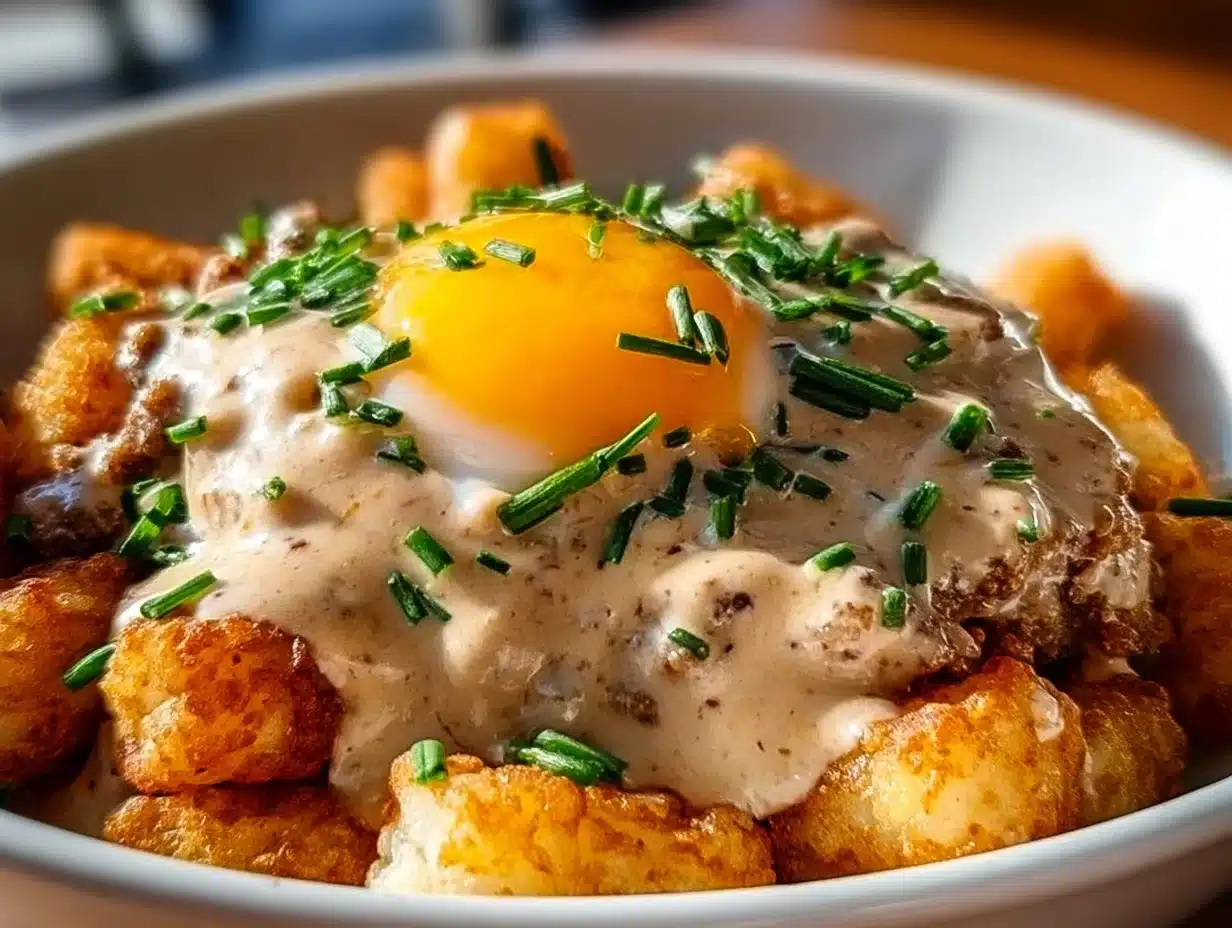 Delicious Tater Tot Breakfast Bowl with eggs, cheese, and toppings.