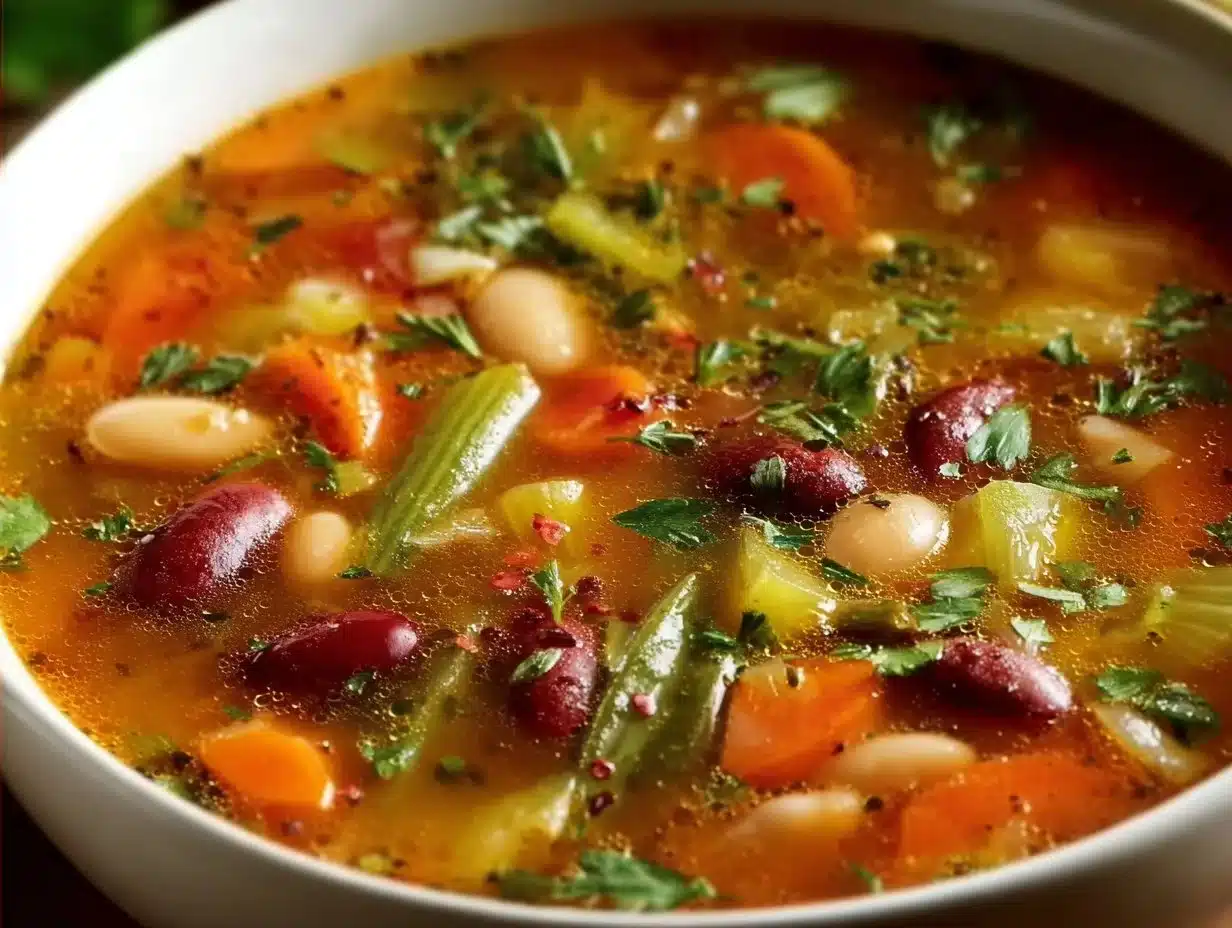 Bowl of colorful vegetable soup with fresh ingredients