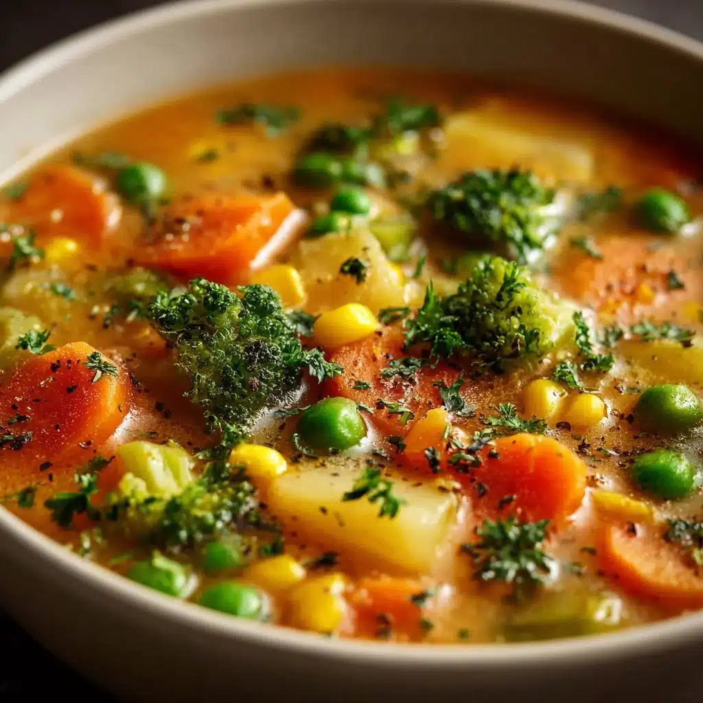 A bowl of delicious Veggie Pot Pie Soup filled with colorful vegetables.