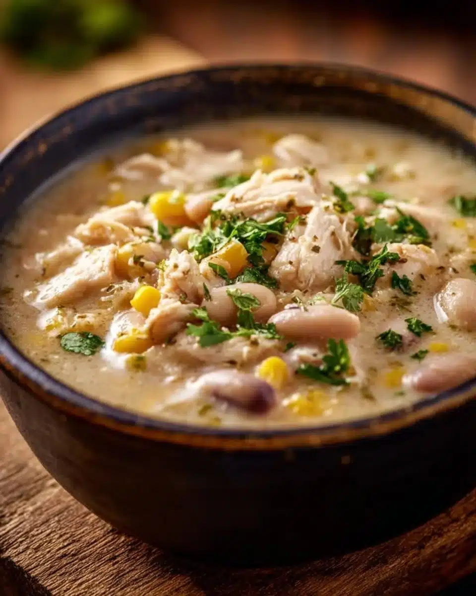 Delicious bowl of white chicken chili topped with fresh herbs and served with tortilla chips.