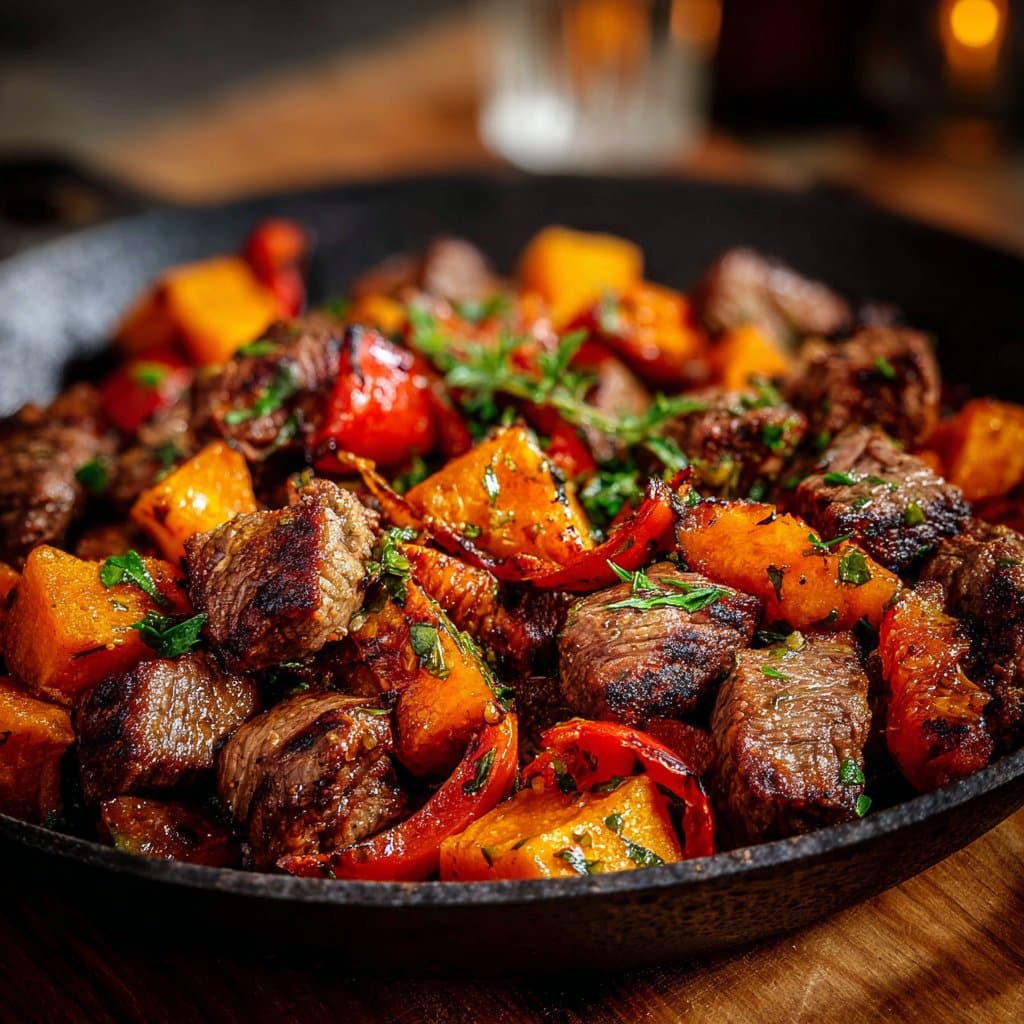 Steak Bites with Roasted Sweet Potatoes and Bell Peppers