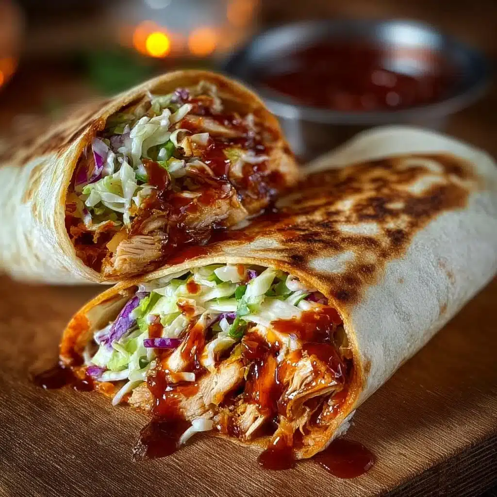 BBQ Chicken Coleslaw Wraps on a wooden table, garnished with fresh herbs.