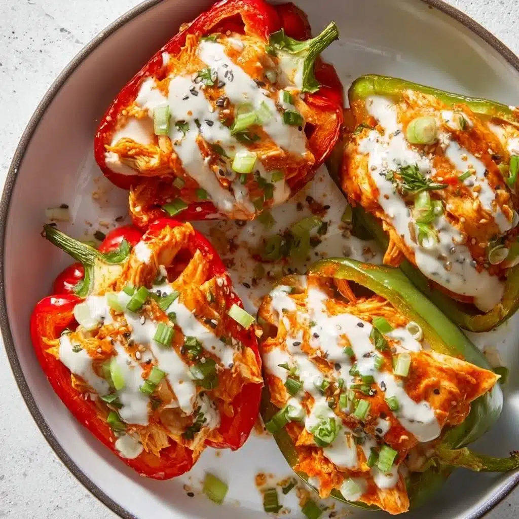 Buffalo Chicken Stuffed Peppers served on a plate, garnished with green onions.