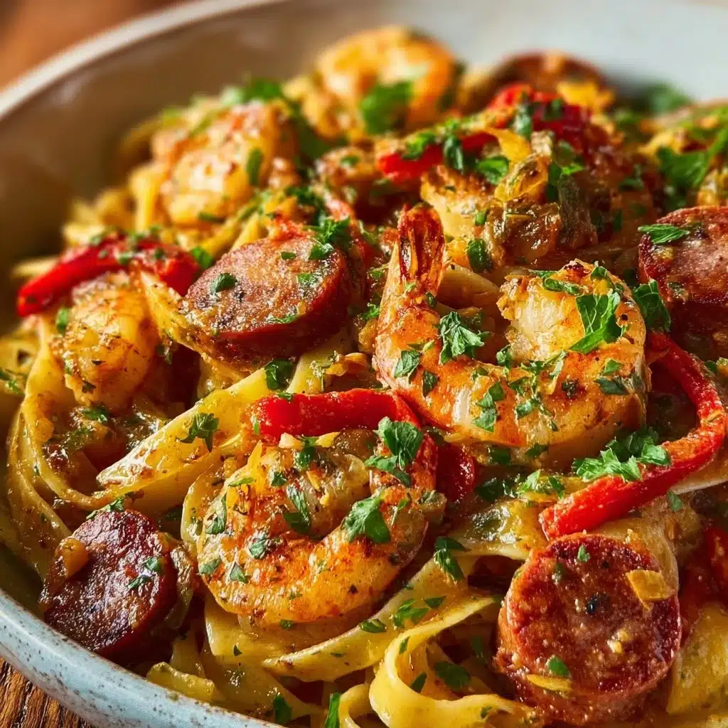 Delicious Cajun Pasta with shrimp and sausage, garnished with fresh parsley.