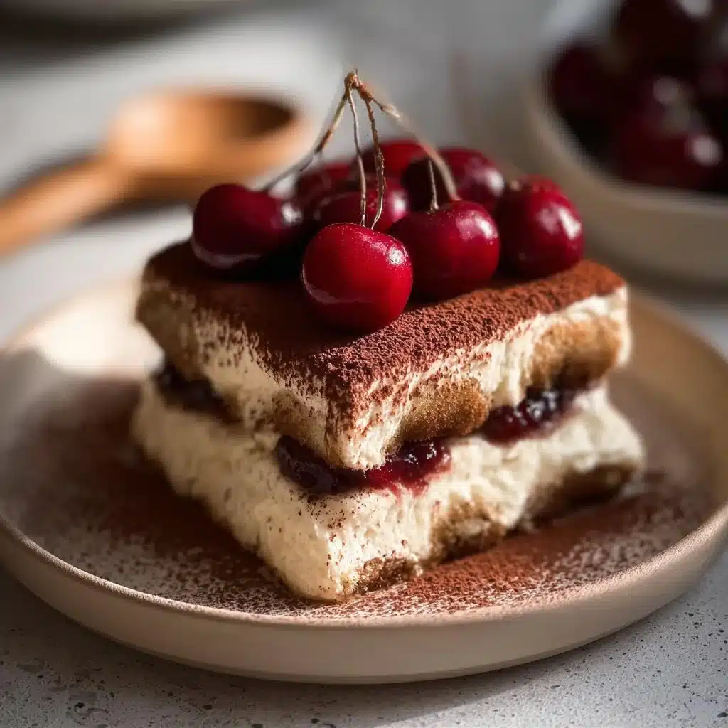 Delicious Cherry Amaretto Tiramisu served in a dessert glass, topped with cherries.