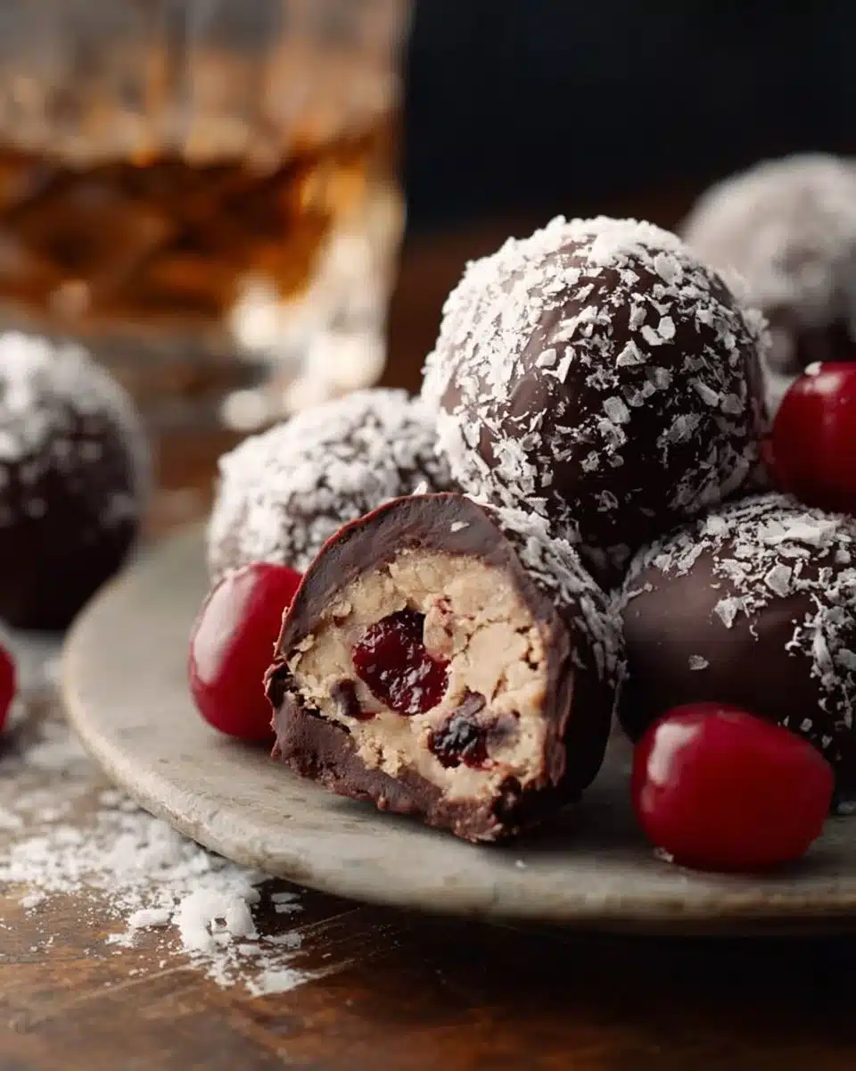 Homemade Cherry Bourbon Balls on a decorative plate