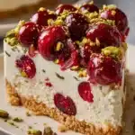 Delicious Cherry Pistachio Cheesecake topped with cherries and pistachios.