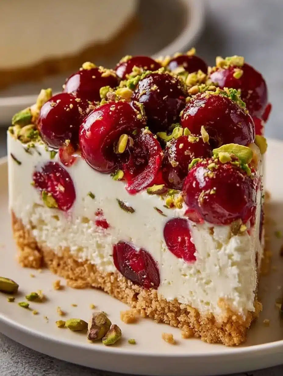 Delicious Cherry Pistachio Cheesecake topped with cherries and pistachios.