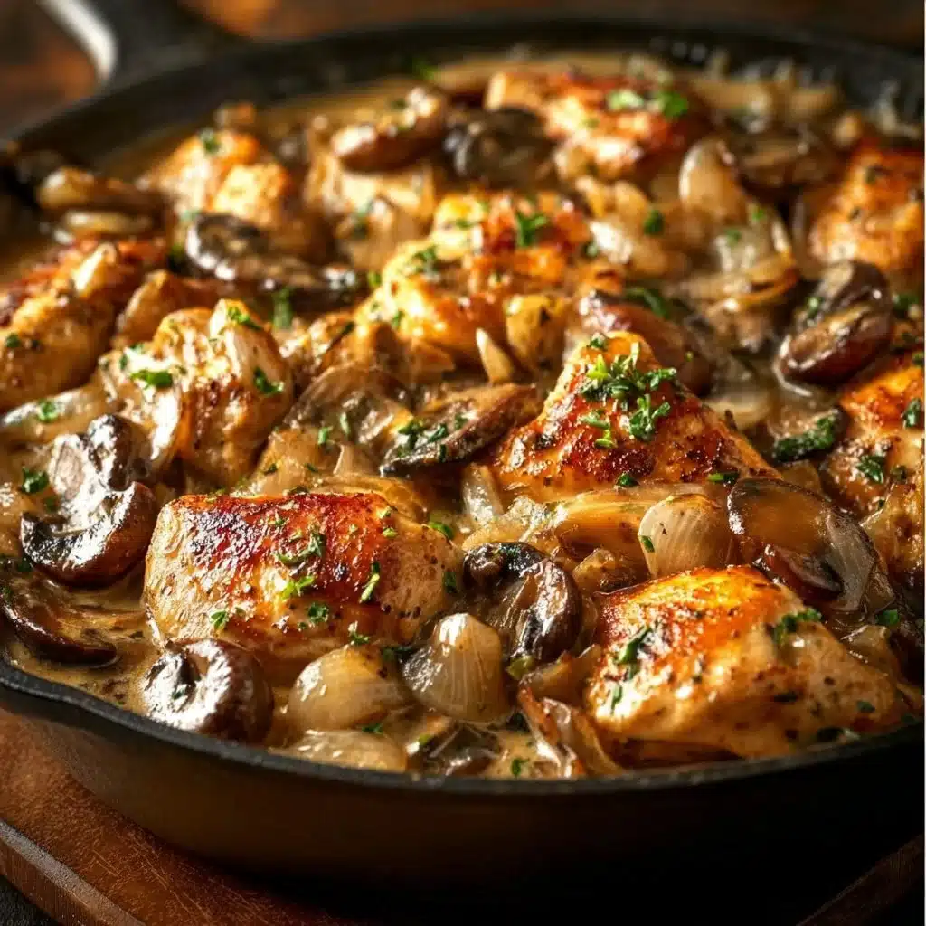 Delicious Chicken Stroganoff over noodles garnished with parsley